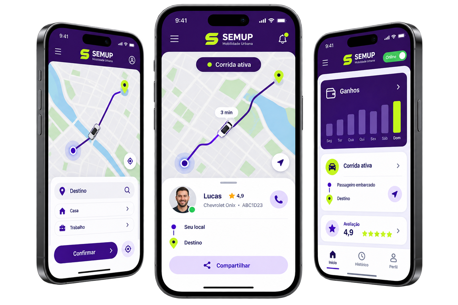 Três iPhones com telas dos aplicativos SEMUP Passageiro e SEMUP Motorista