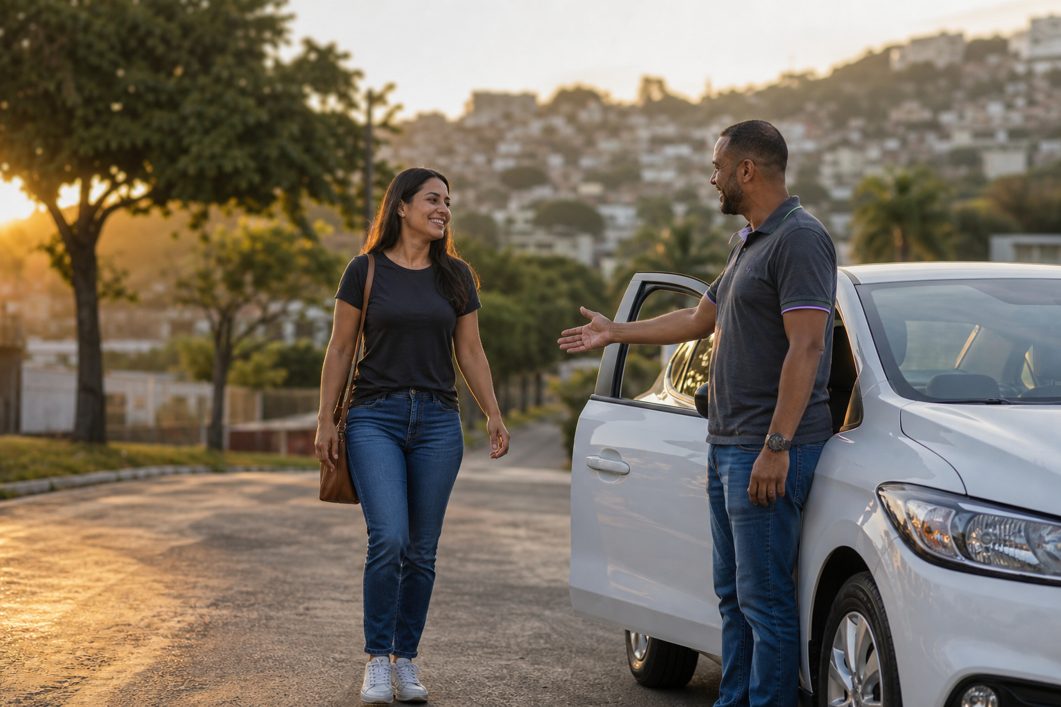 Motorista recebendo passageira ao lado de um carro
