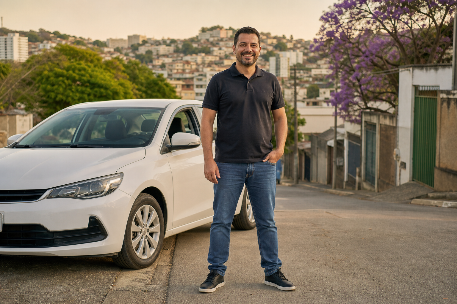 Motorista parceiro da SEMUP em pé ao lado de um carro branco